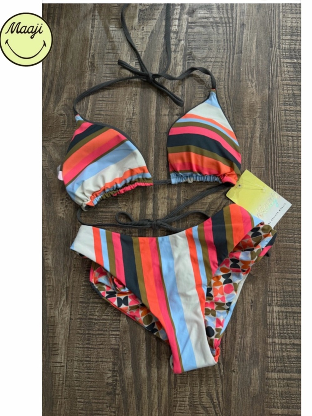 (SET) Crocodile Green Balmy/Multi Stripe Journey Reversible Bikini.